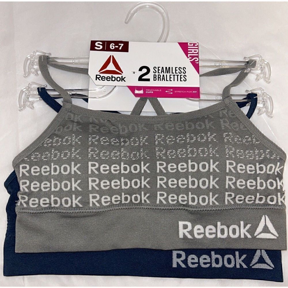 Reebok Girl's Seamless Bralettes Gray & Blue Small 6-7 Pack of 2 Lightly Padded